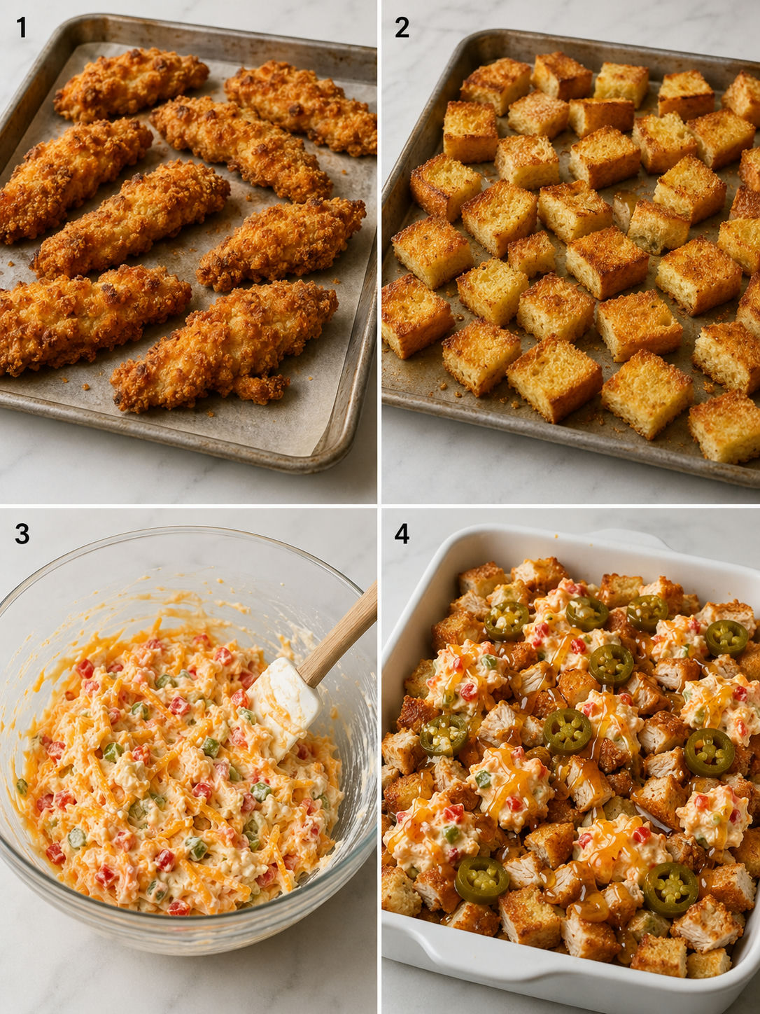 Four steps for making honey pepper pimento chicken casserole