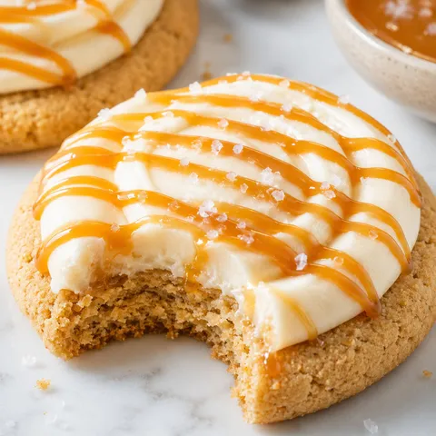 Salted caramel cheesecake cookie with frosting, caramel drizzle, and flaky salt