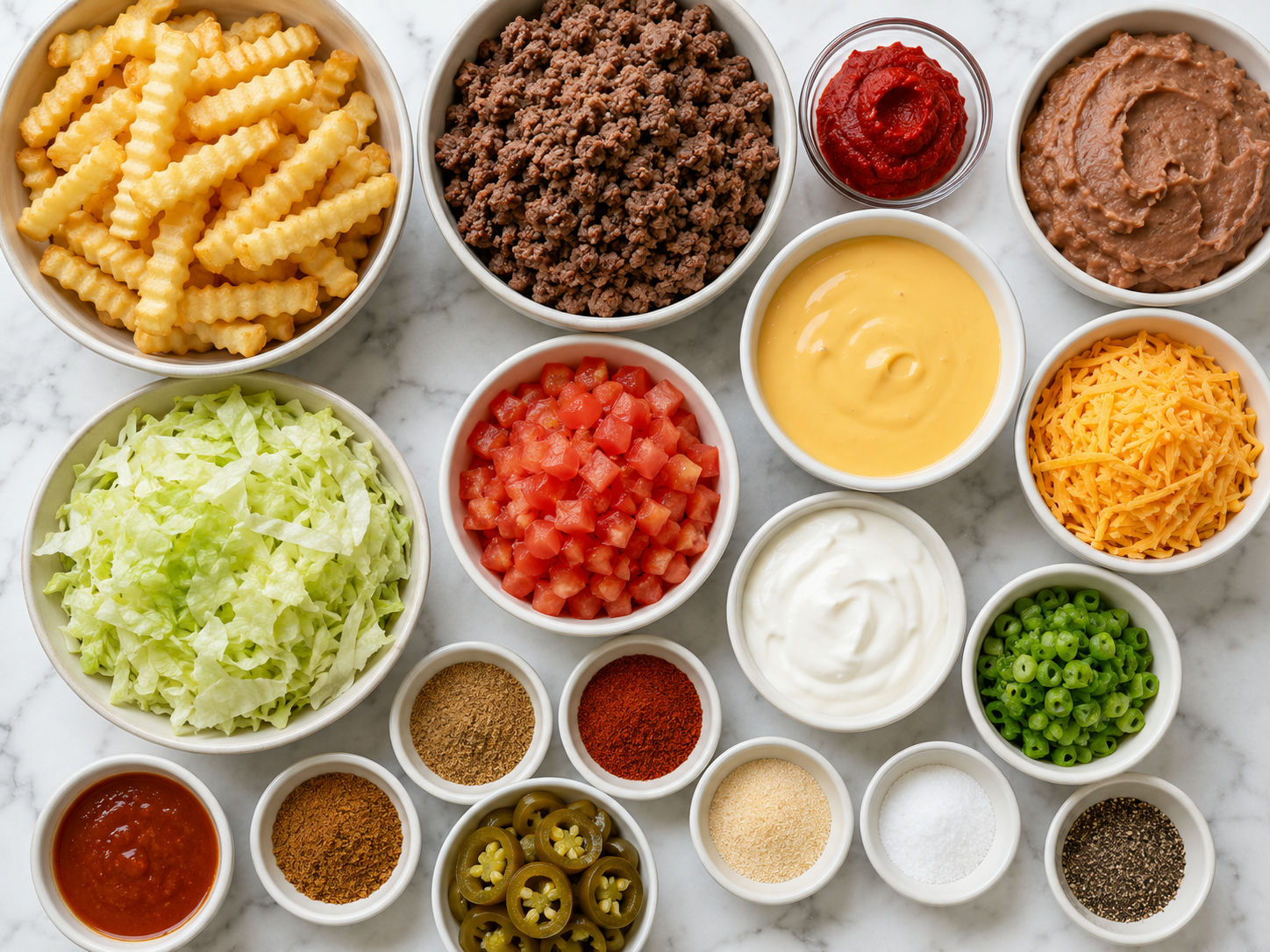 Ingredients for a crinkle fry taco bowl with beef, cheese, beans, and toppings