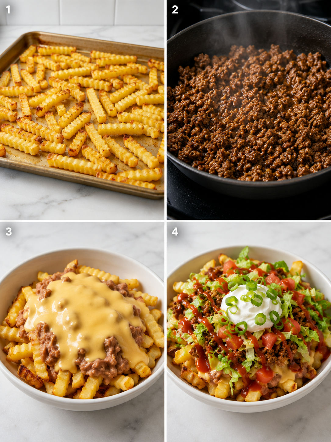 Four steps for making a crinkle fry taco bowl from fries to toppings