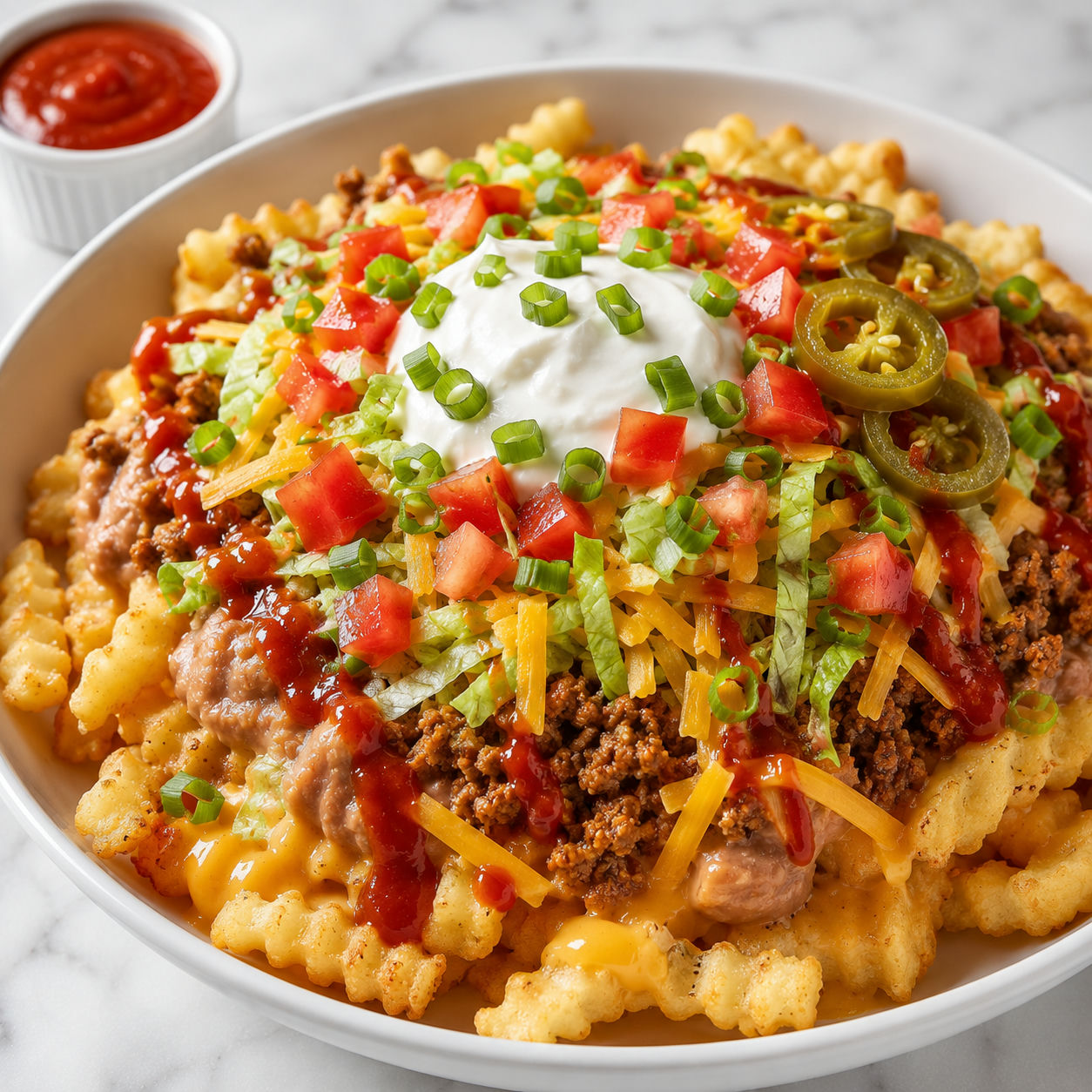 Loaded crinkle fry taco bowl with beef, queso, lettuce, and sour cream