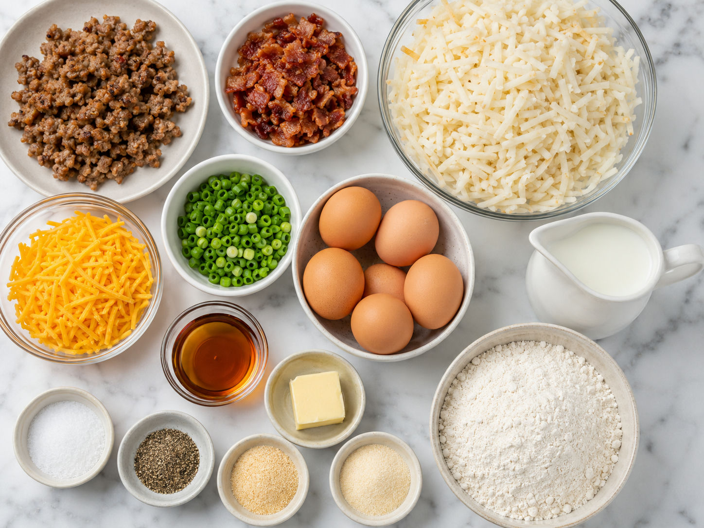 Ingredients for Grand Slam breakfast casserole on a wooden counter