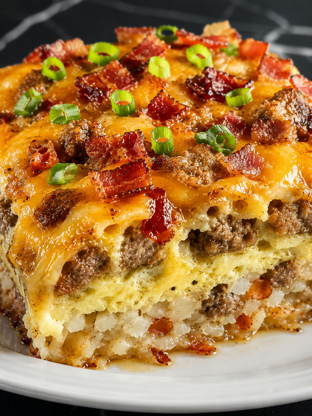 Grand Slam breakfast casserole with melted cheddar, bacon, and scallions