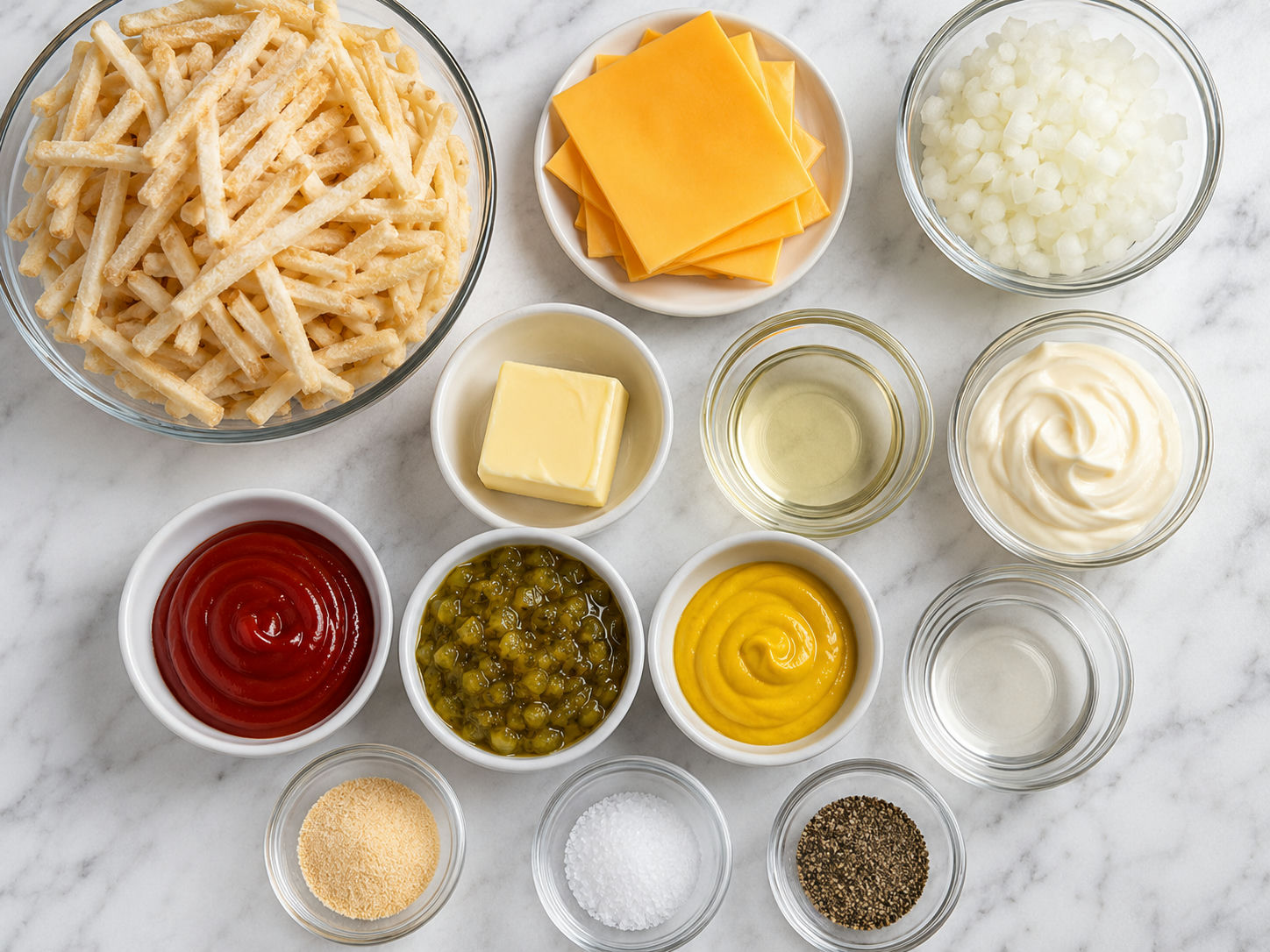 Ingredients for animal style fries with cheese, onion, and sauce fixings