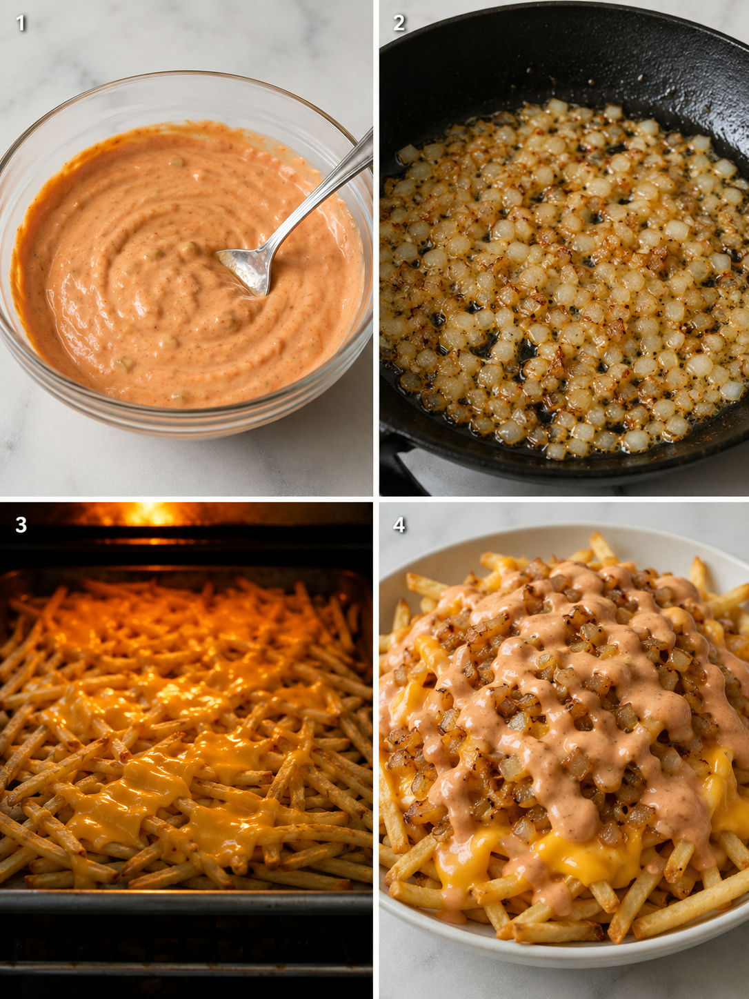 Four steps for making animal style fries from sauce to toppings