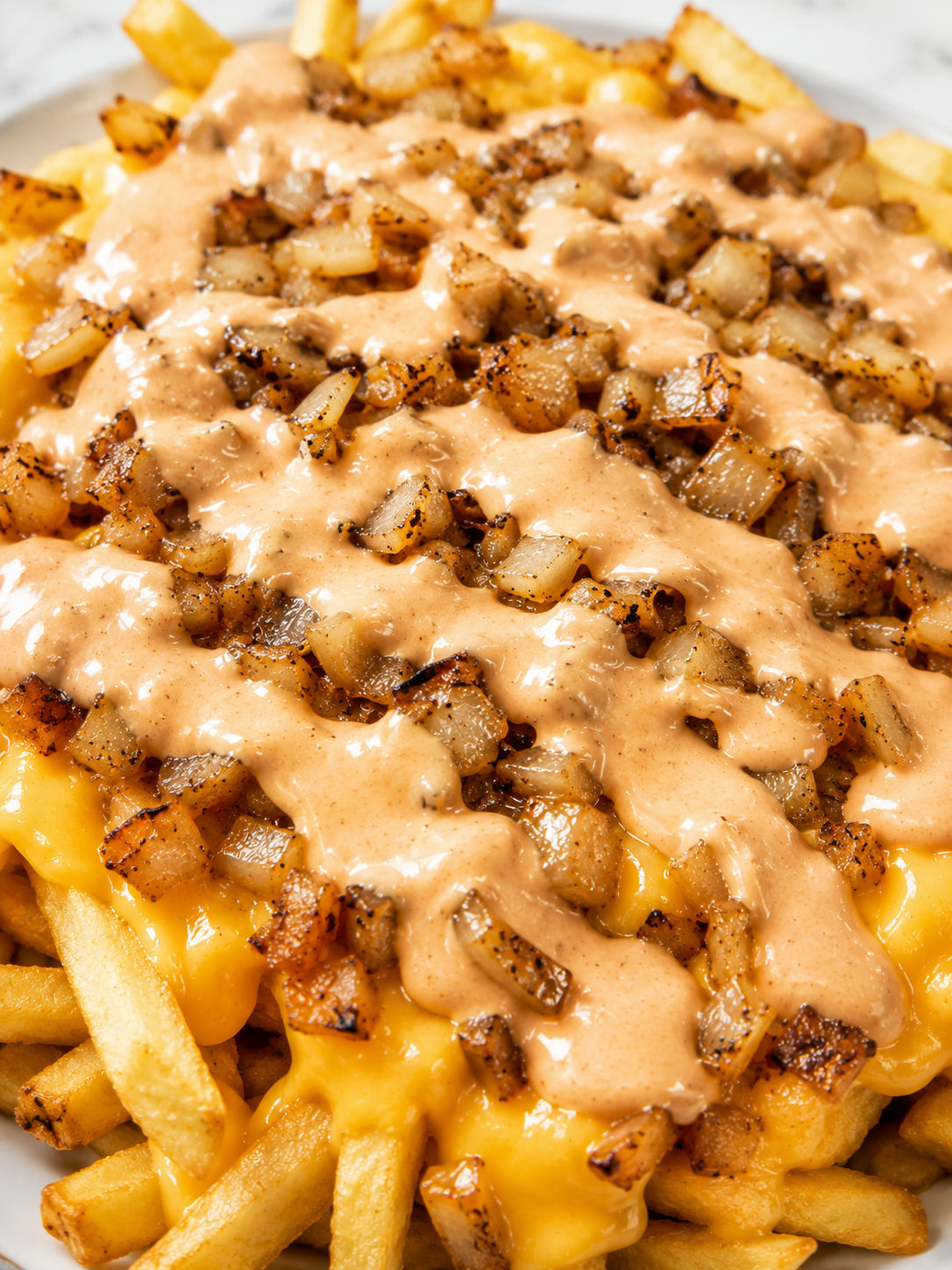 Loaded animal style fries with cheese, grilled onions, and creamy sauce
