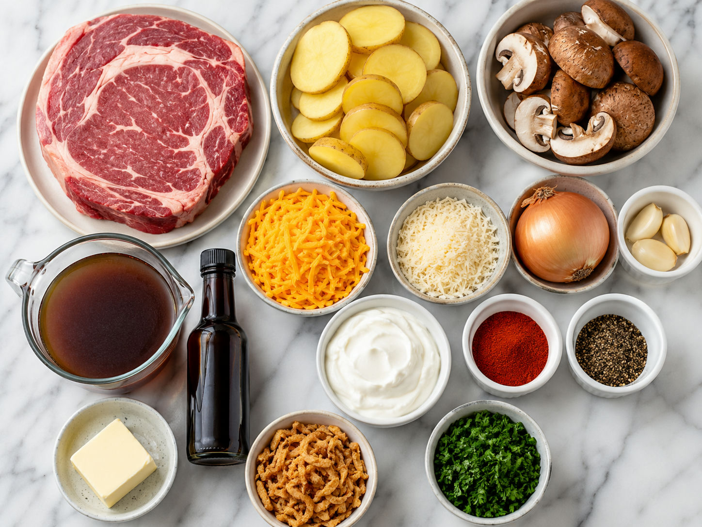 Raw ribeye casserole ingredients with potatoes, mushrooms, cheese, and sour cream