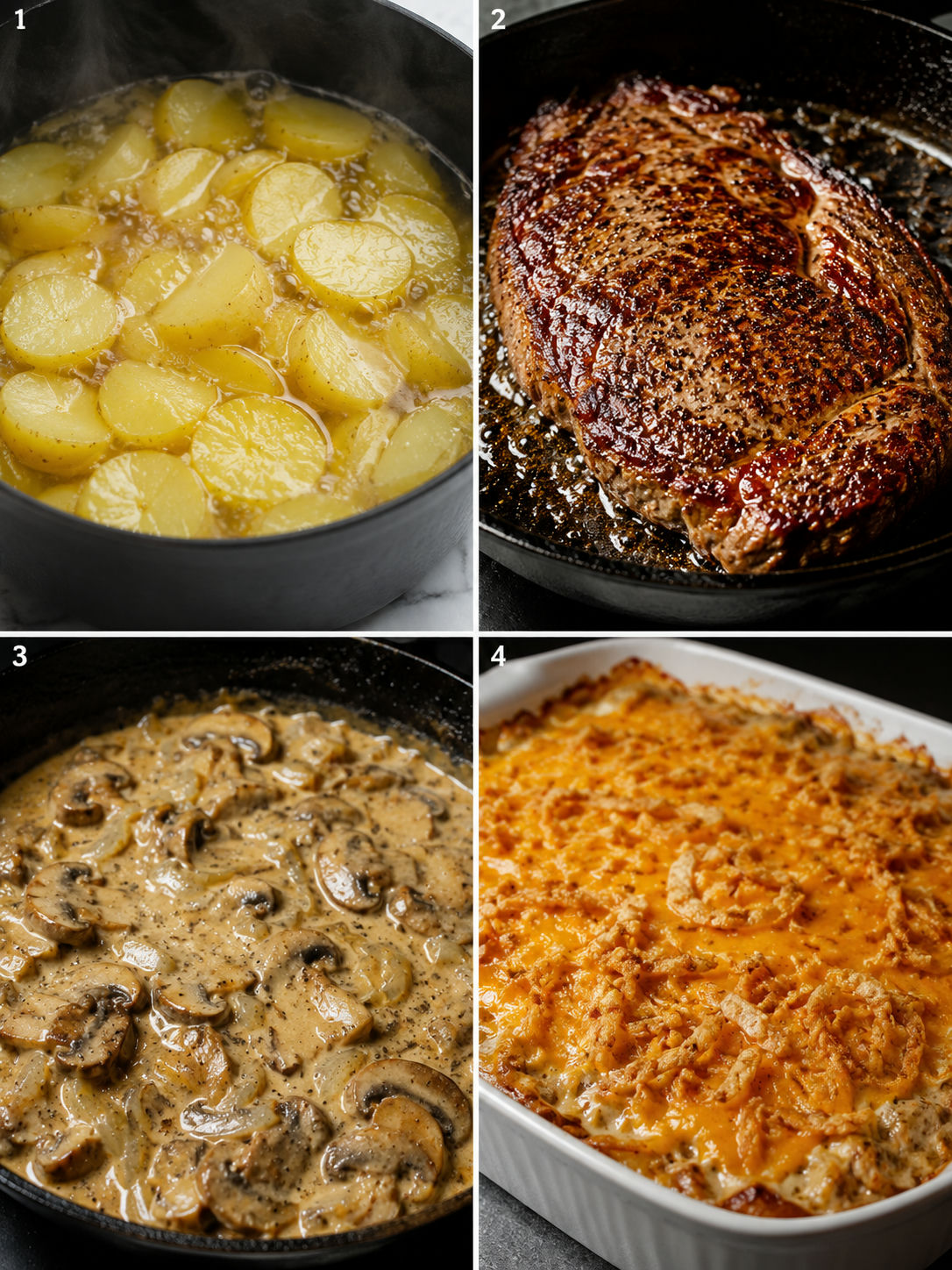 Four cooking steps for ribeye casserole from potatoes to bubbling bake