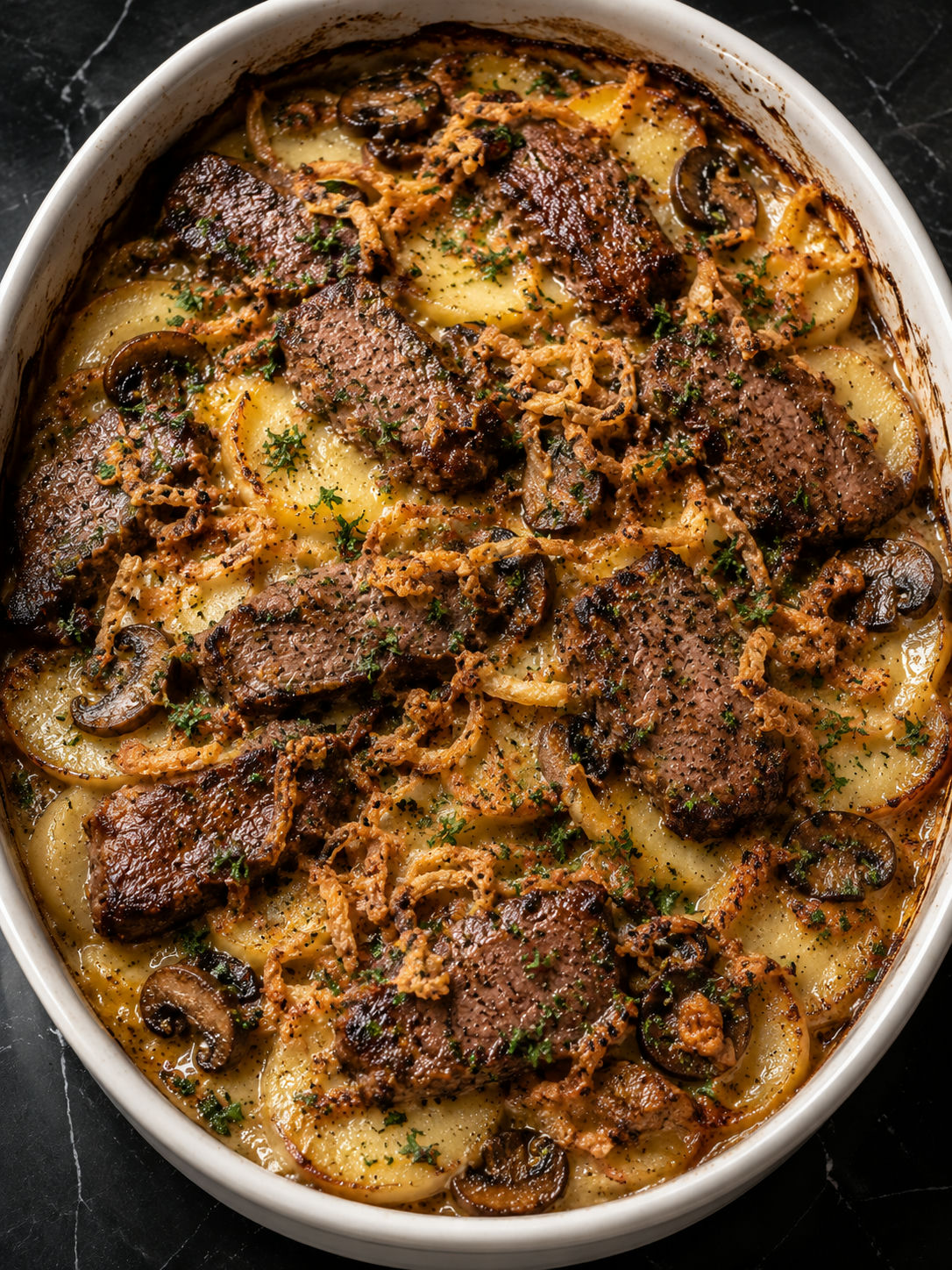 Scoop of ribeye steak casserole with melted cheese and crispy onions