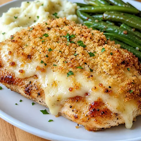Parmesan crusted chicken with mashed potatoes and green beans