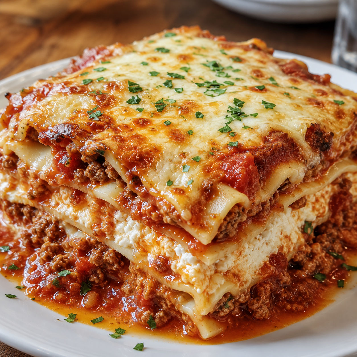 Copycat Maggiano's lasagna slice with meat sauce and melted cheese