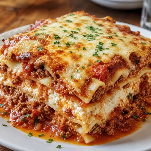 Copycat Maggiano's lasagna slice with meat sauce and melted cheese