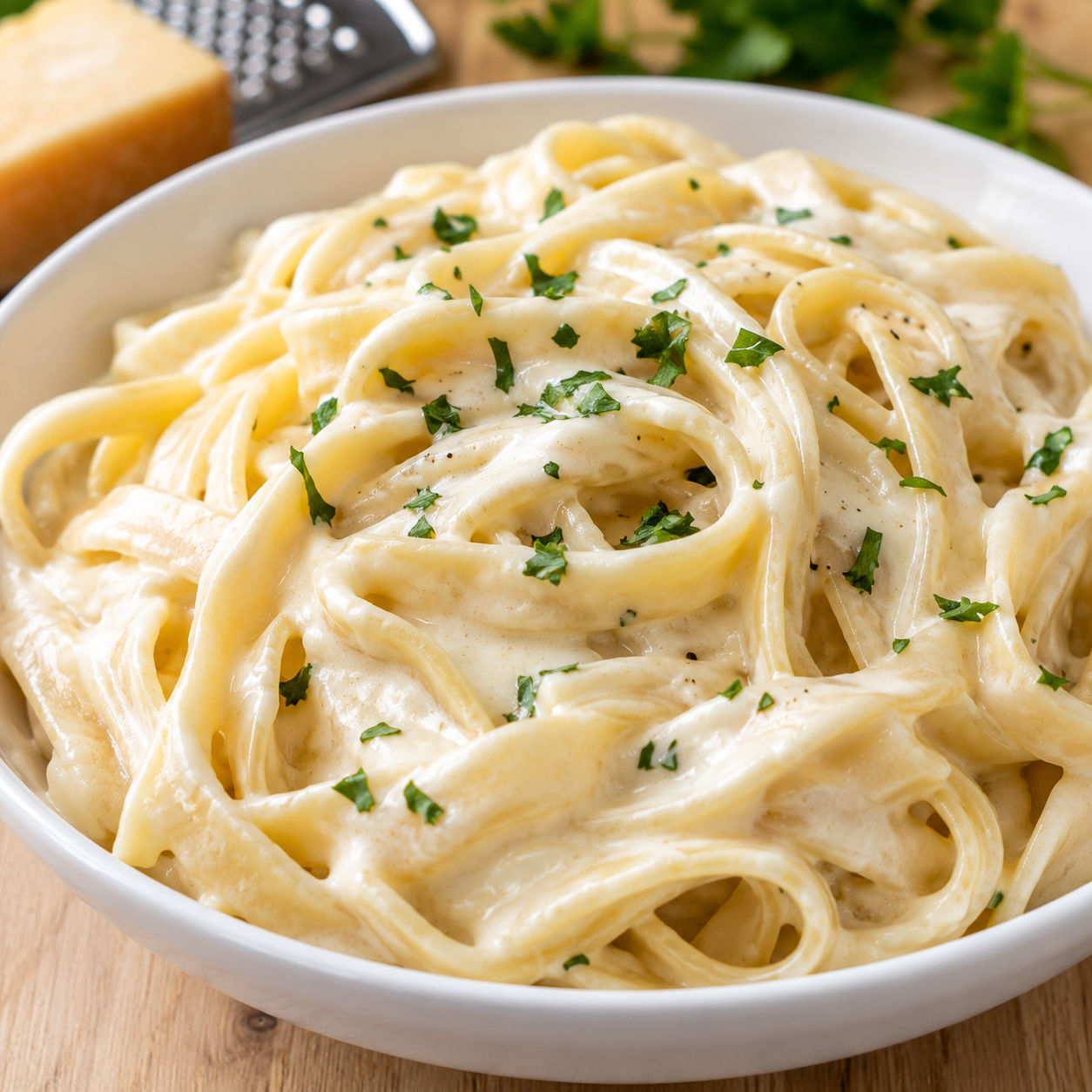 Fettuccine coated in creamy Olive Garden style Alfredo sauce with parsley