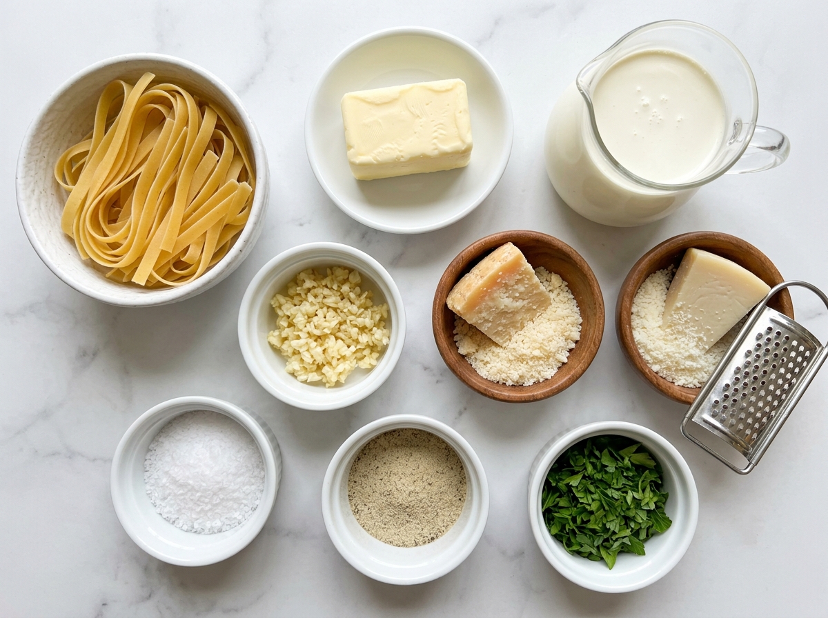 Ingredients for Olive Garden style Alfredo sauce with pasta and cheeses