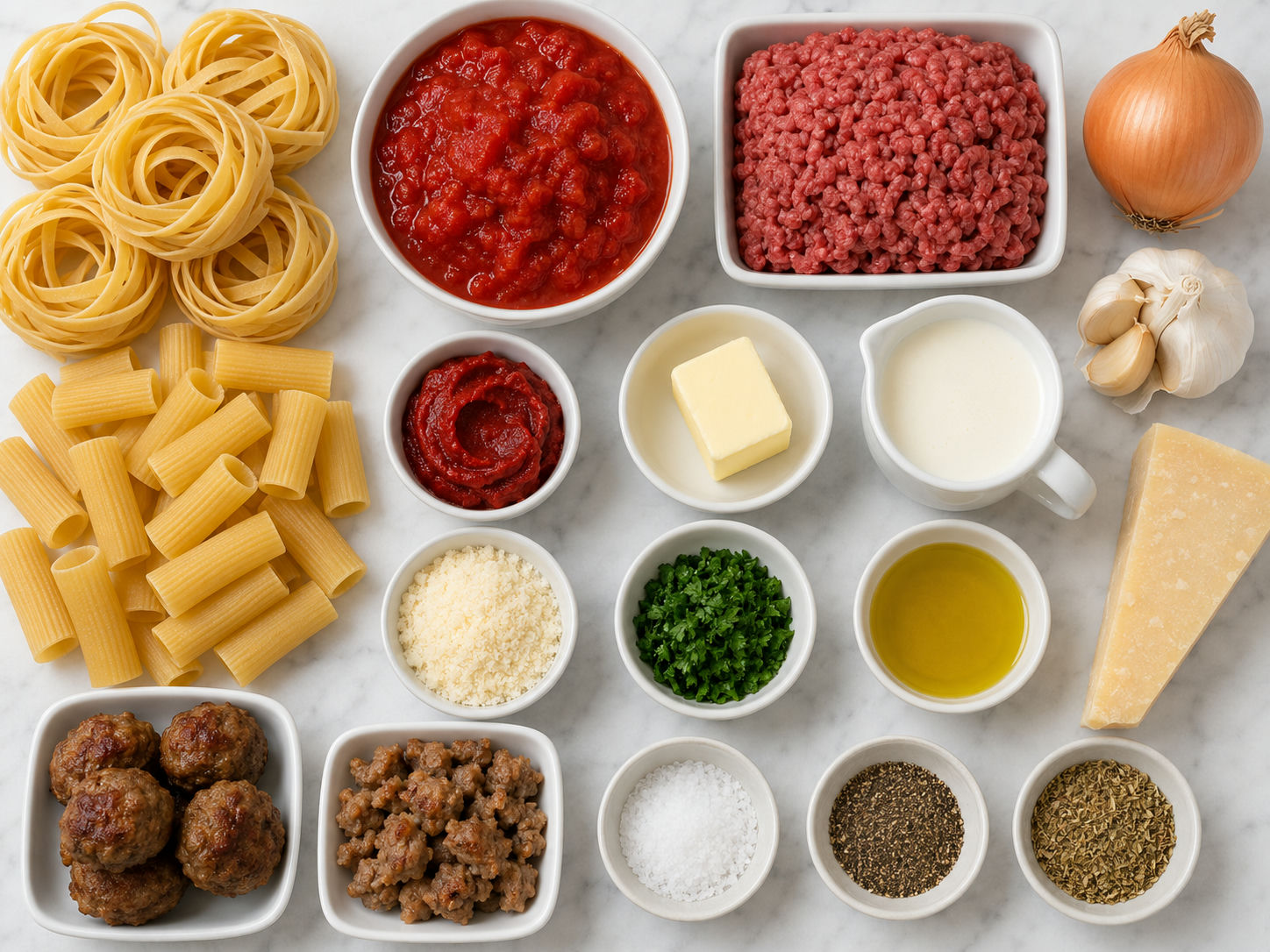 Ingredients for a homemade pasta bowl bar with pasta, sauces, cheese and beef