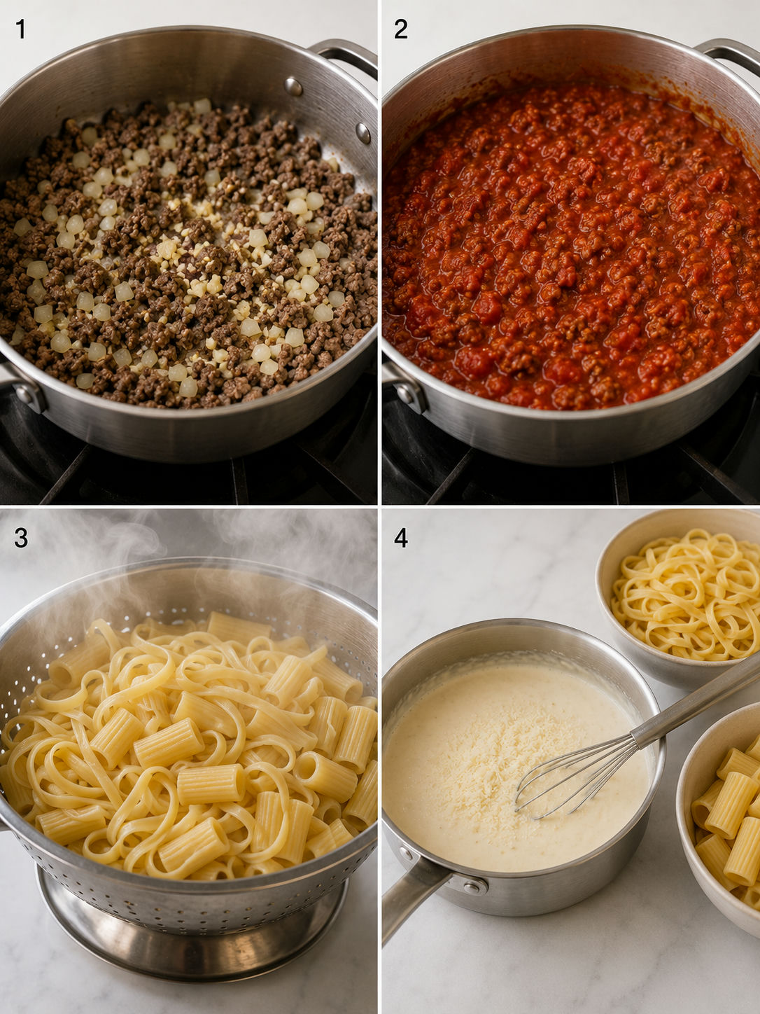 Four cooking steps for pasta bowl sauce, pasta and Alfredo