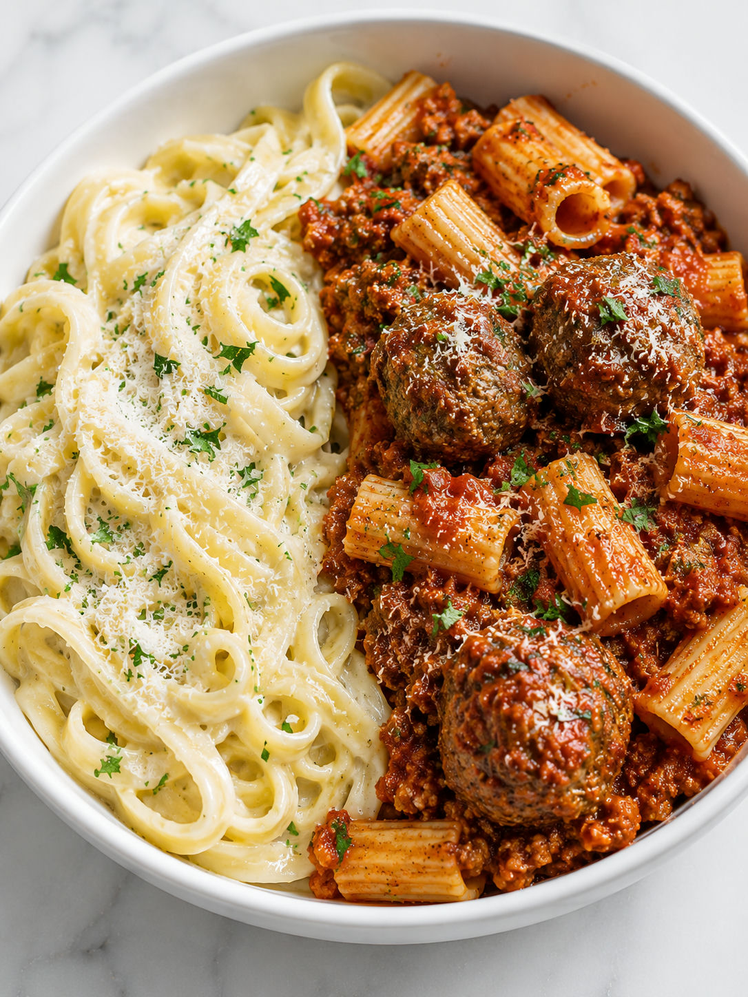 Finished pasta bowl with creamy Alfredo, meat marinara, parmesan and meatballs