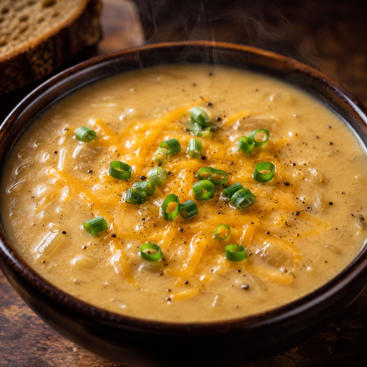 Creamy Walkabout onion soup with cheddar and green onion in a dark bowl