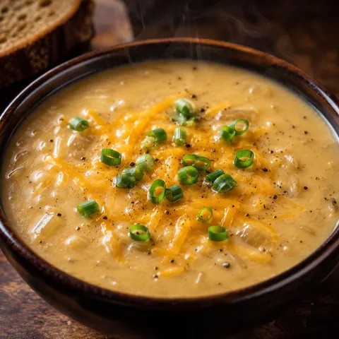 Creamy Walkabout onion soup with cheddar and green onion in a dark bowl