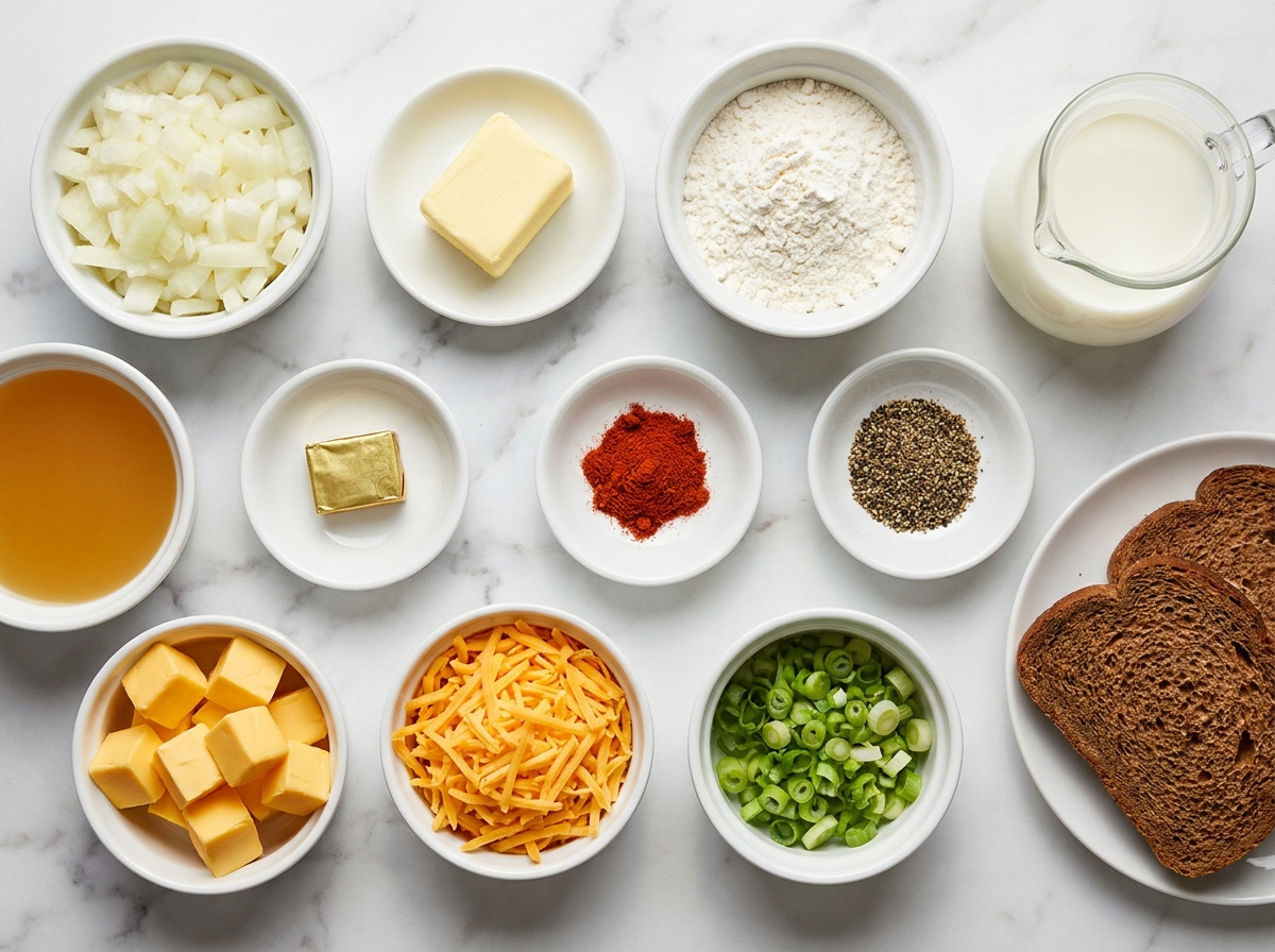 Ingredients for creamy Walkabout onion soup with onions, cheese, milk, and broth