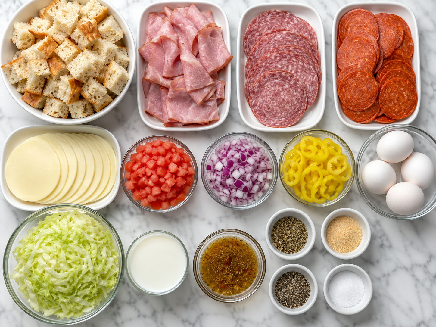 Ingredients for Subway BMT casserole with deli meats, bread, cheese, and vegetables