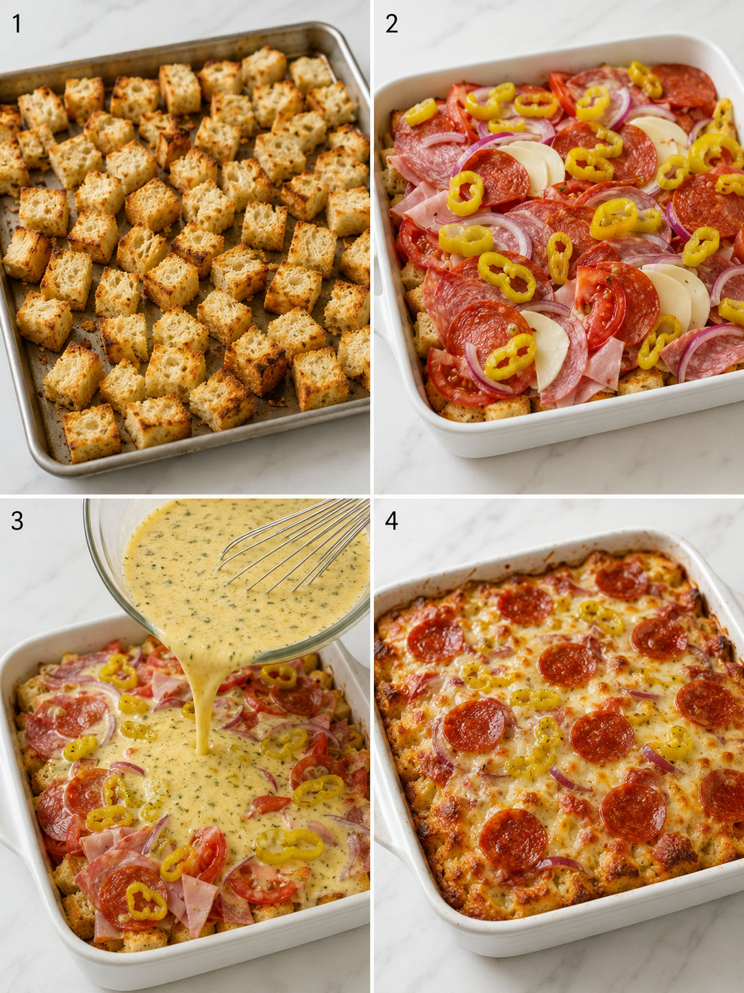 Four cooking steps for a Subway BMT casserole from toasted bread to baked cheese
