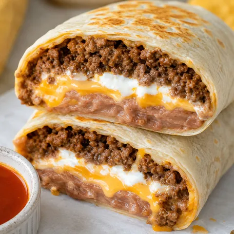 Beefy 5-layer burrito cut in half with beans, beef, sour cream, and cheese