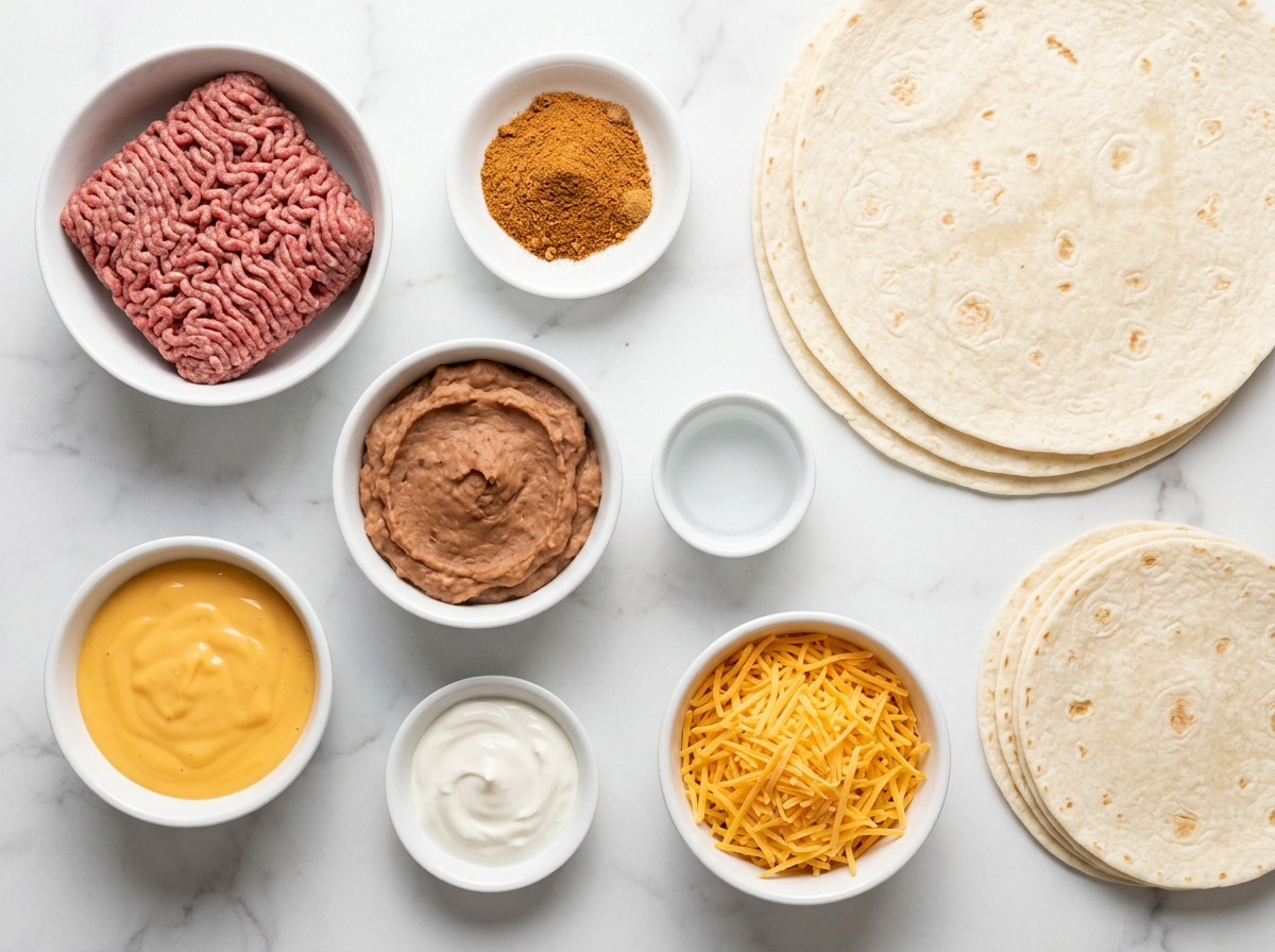 Ingredients for beefy 5-layer burritos with tortillas, beef, beans, and cheese