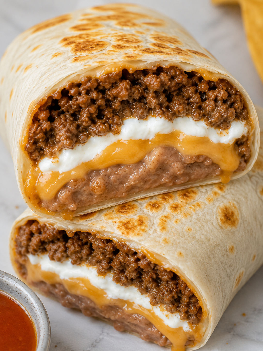 Copycat Taco Bell Beefy 5-Layer Burrito, plated and served