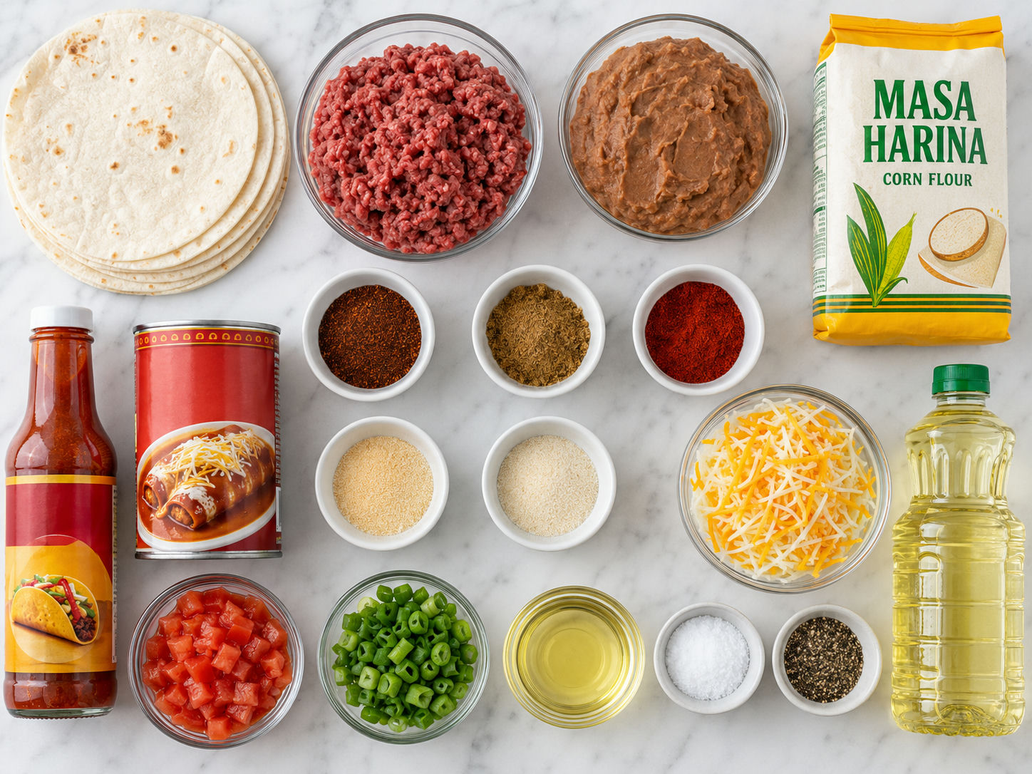 Ingredients for Copycat Taco Bell Mexican pizzas on a wooden surface