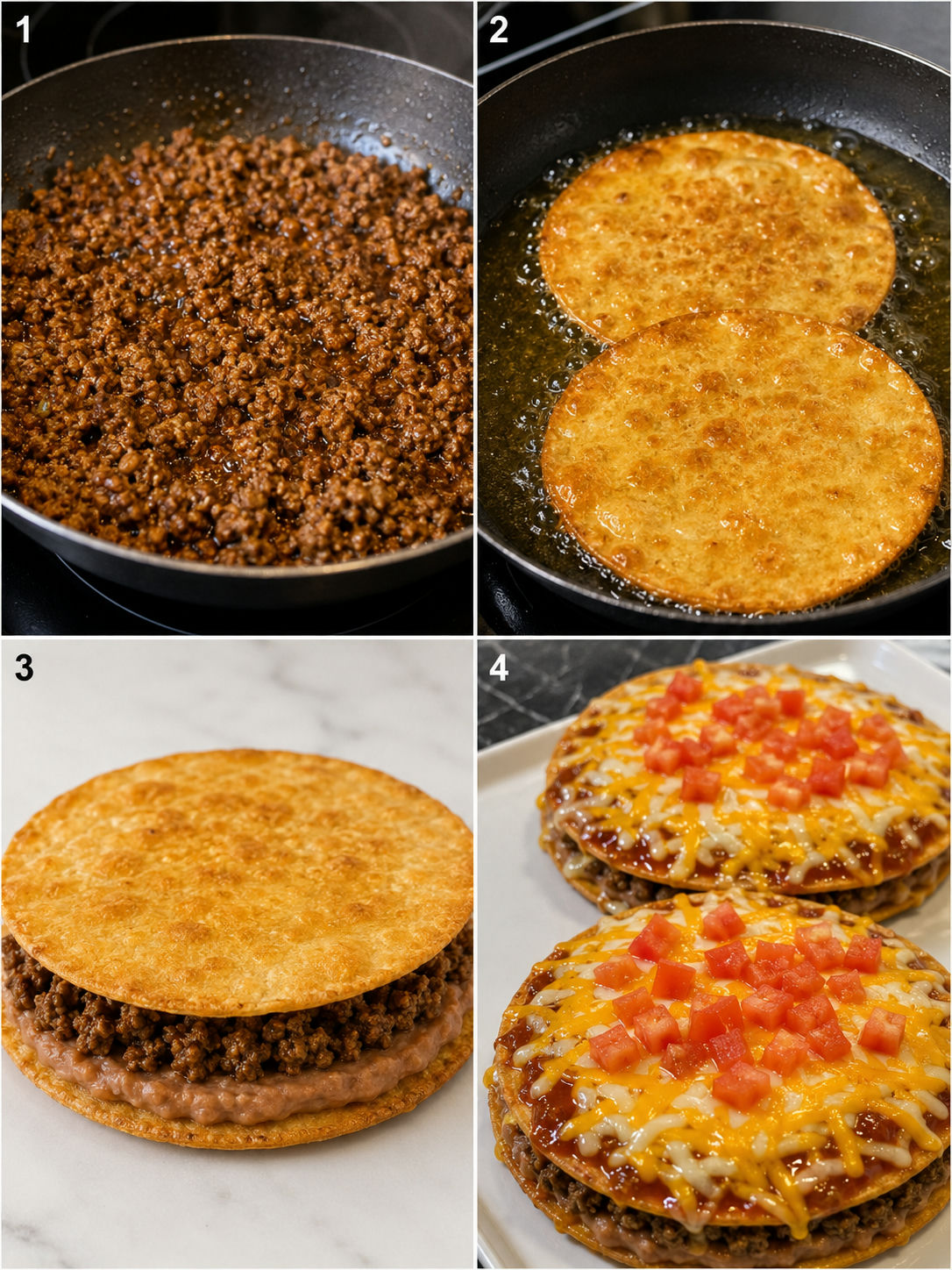 Four cooking steps for layered Mexican pizzas with beef and cheese