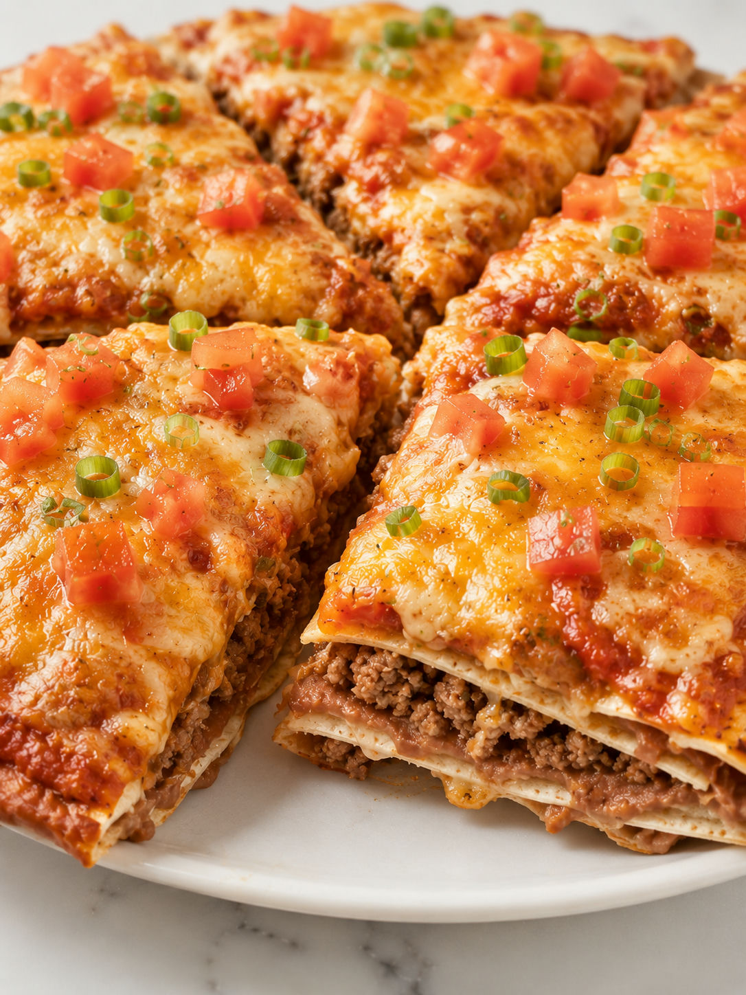 Layered Mexican pizza wedges with beef, beans, cheese, and tomatoes