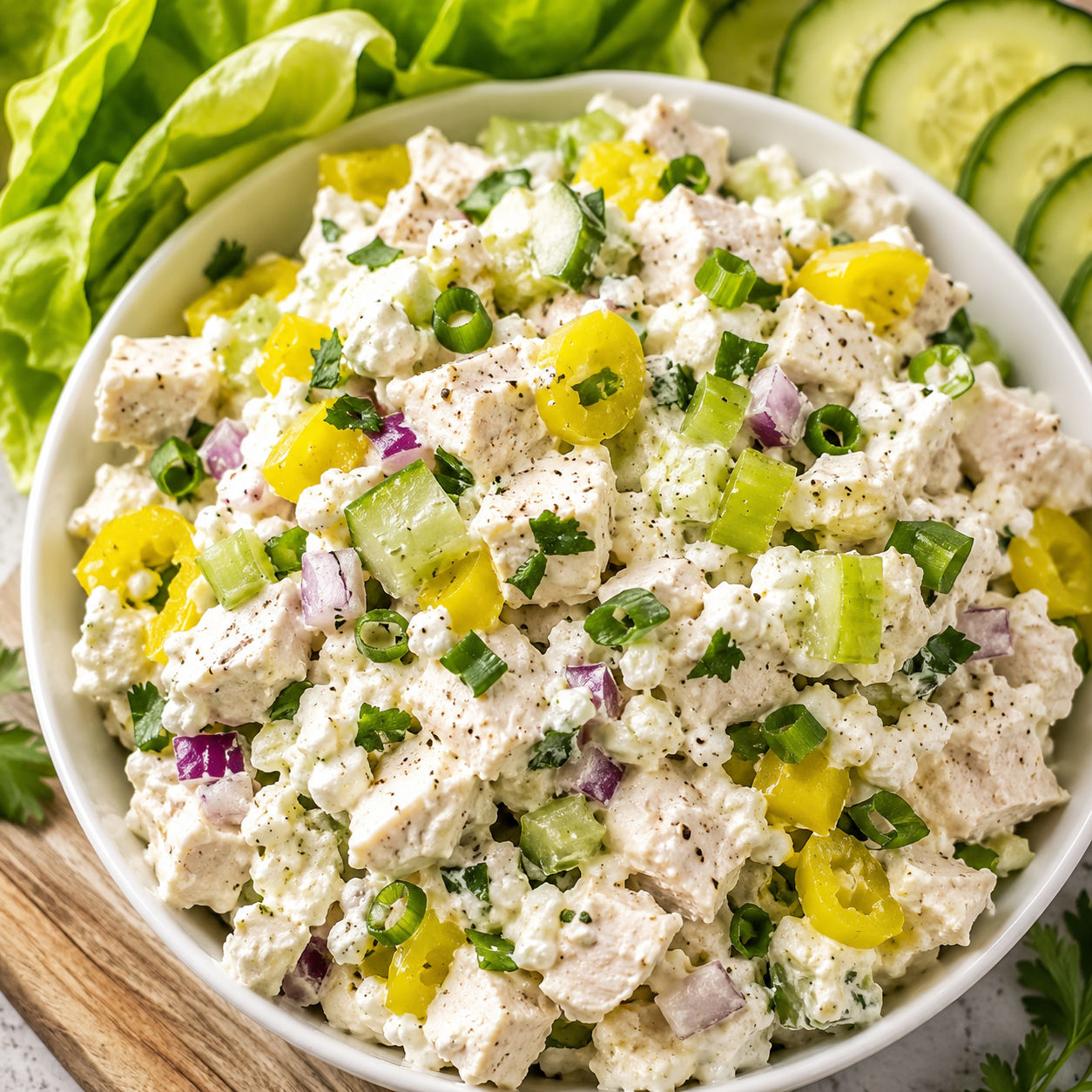 Cottage cheese chicken salad with banana peppers in a white bowl