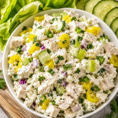 Cottage cheese chicken salad with banana peppers in a white bowl