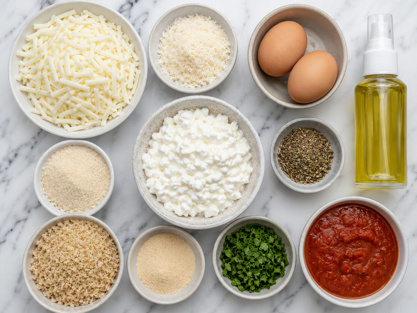 Ingredients for cottage cheese mozzarella bites on a wooden counter