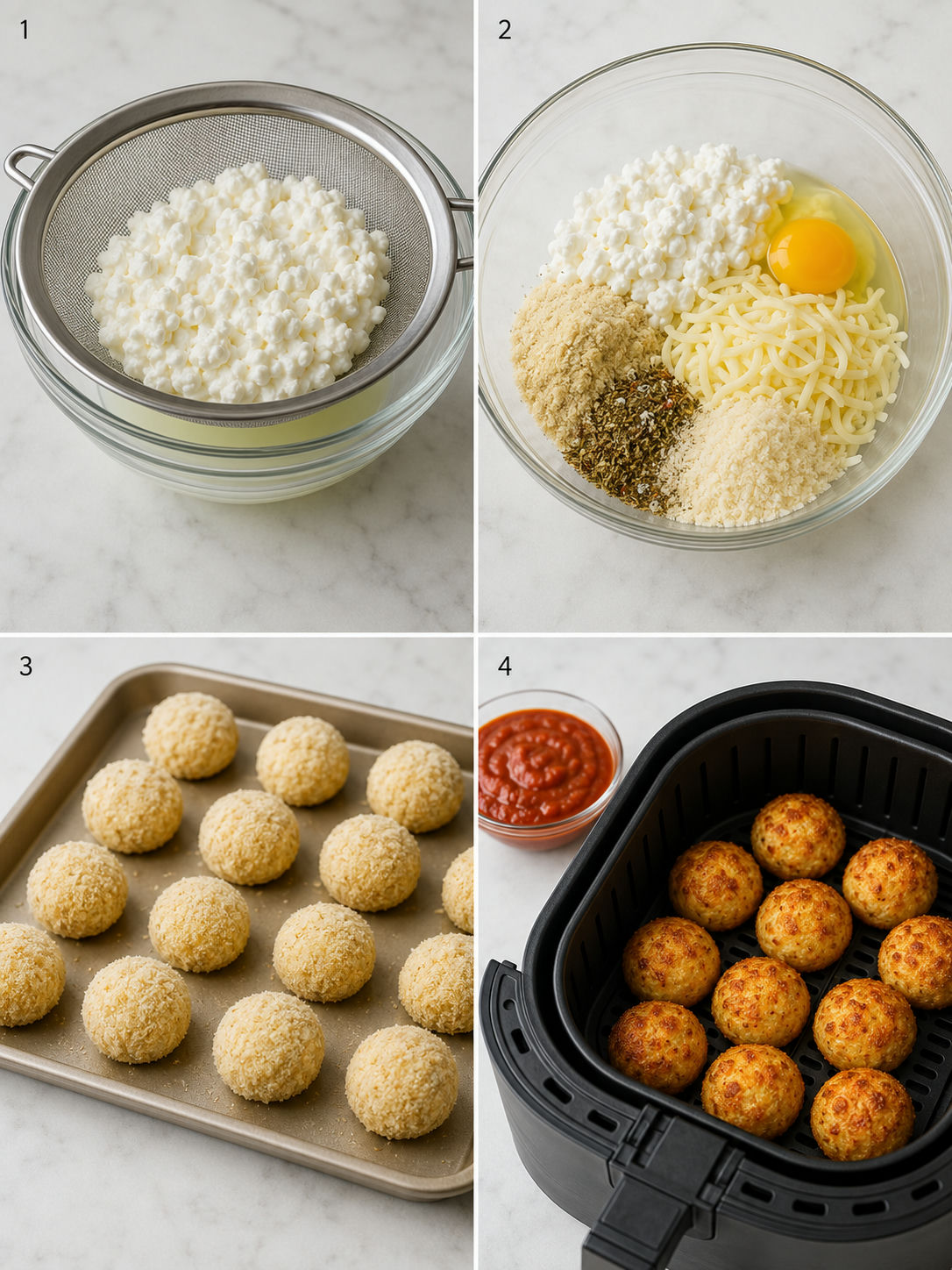 Four steps for making cottage cheese mozzarella bites