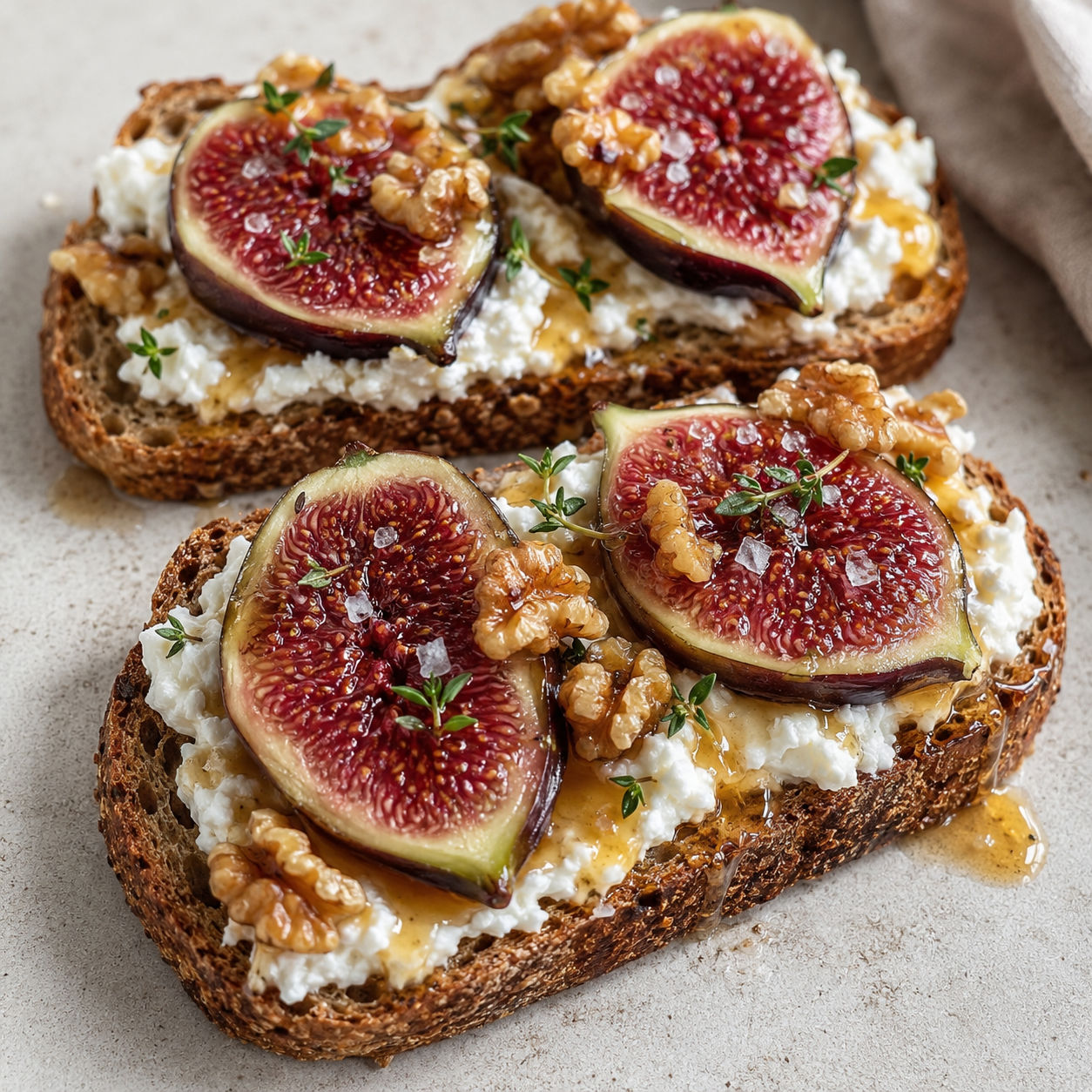 Cottage cheese fig toast with walnuts, honey, and thyme