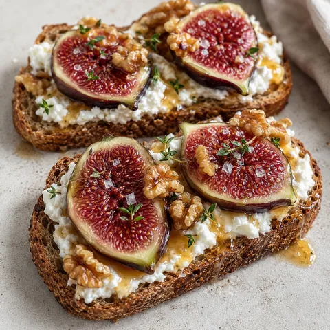 Cottage cheese fig toast with walnuts, honey, and thyme