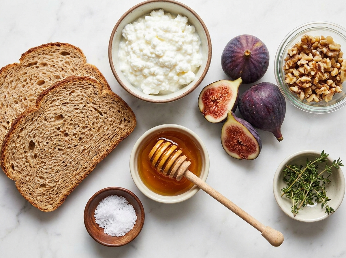 Ingredients for cottage cheese fig toast with walnuts and honey