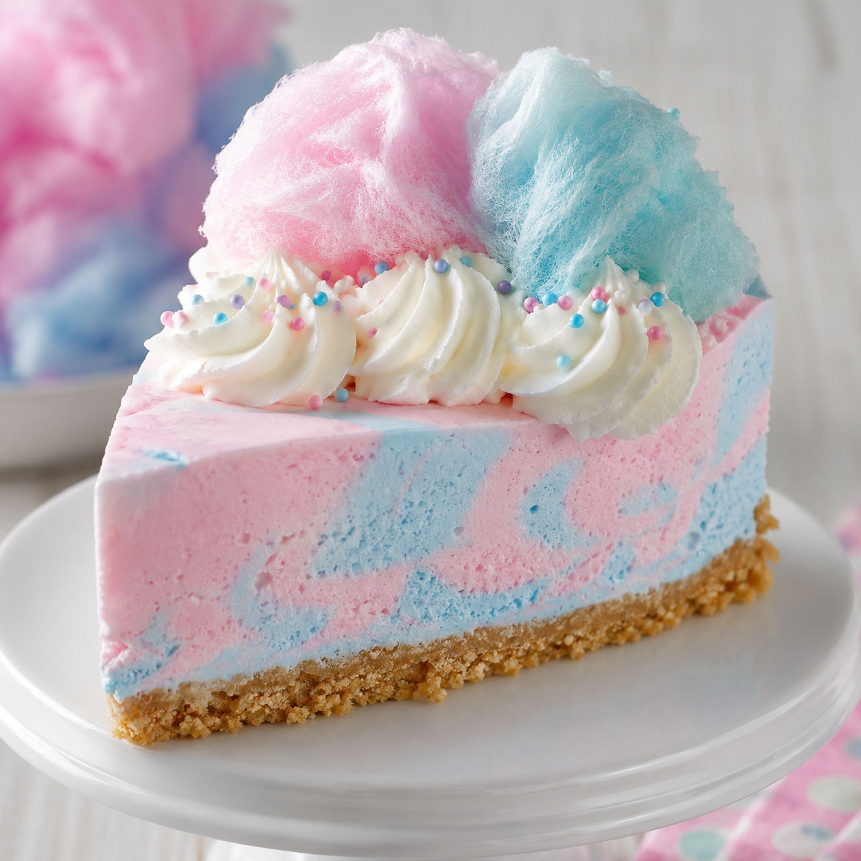 Cotton Candy Cheesecake slice with pastel swirls and fluffy cotton candy