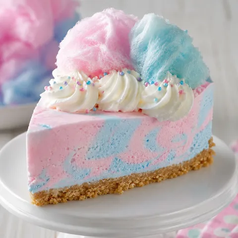 Cotton Candy Cheesecake slice with pastel swirls and fluffy cotton candy