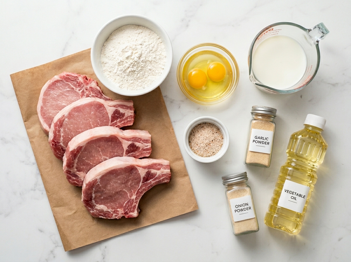 Raw ingredients for country fried pork chops on a wooden counter