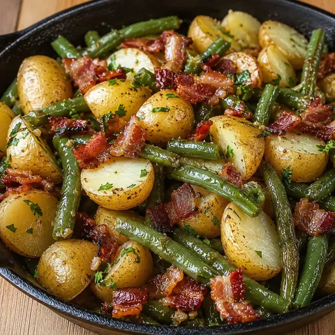 Country ranch green beans and potatoes with bacon in a cast iron skillet