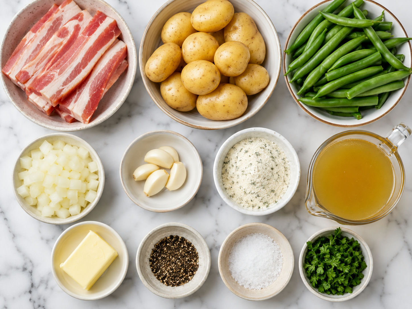Raw green beans, potatoes, bacon, ranch seasoning, butter, and garlic