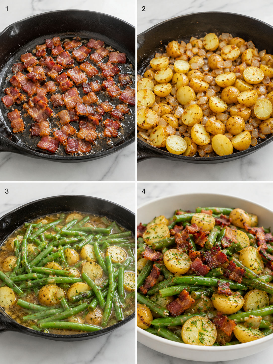 Steps for cooking ranch green beans, potatoes, and crispy bacon