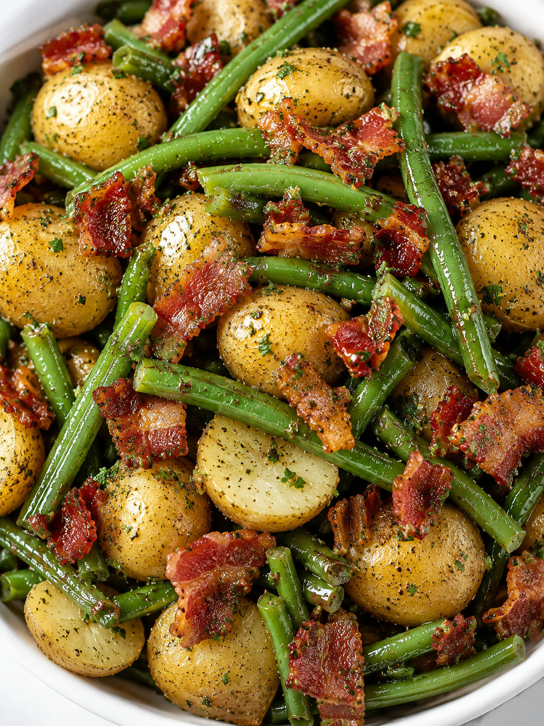 Ranch green beans and potatoes topped with crispy bacon and parsley