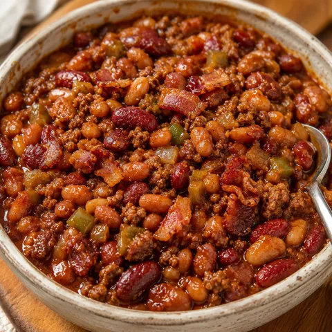 Cowboy Beans with beef, bacon, and glossy barbecue sauce in a bowl