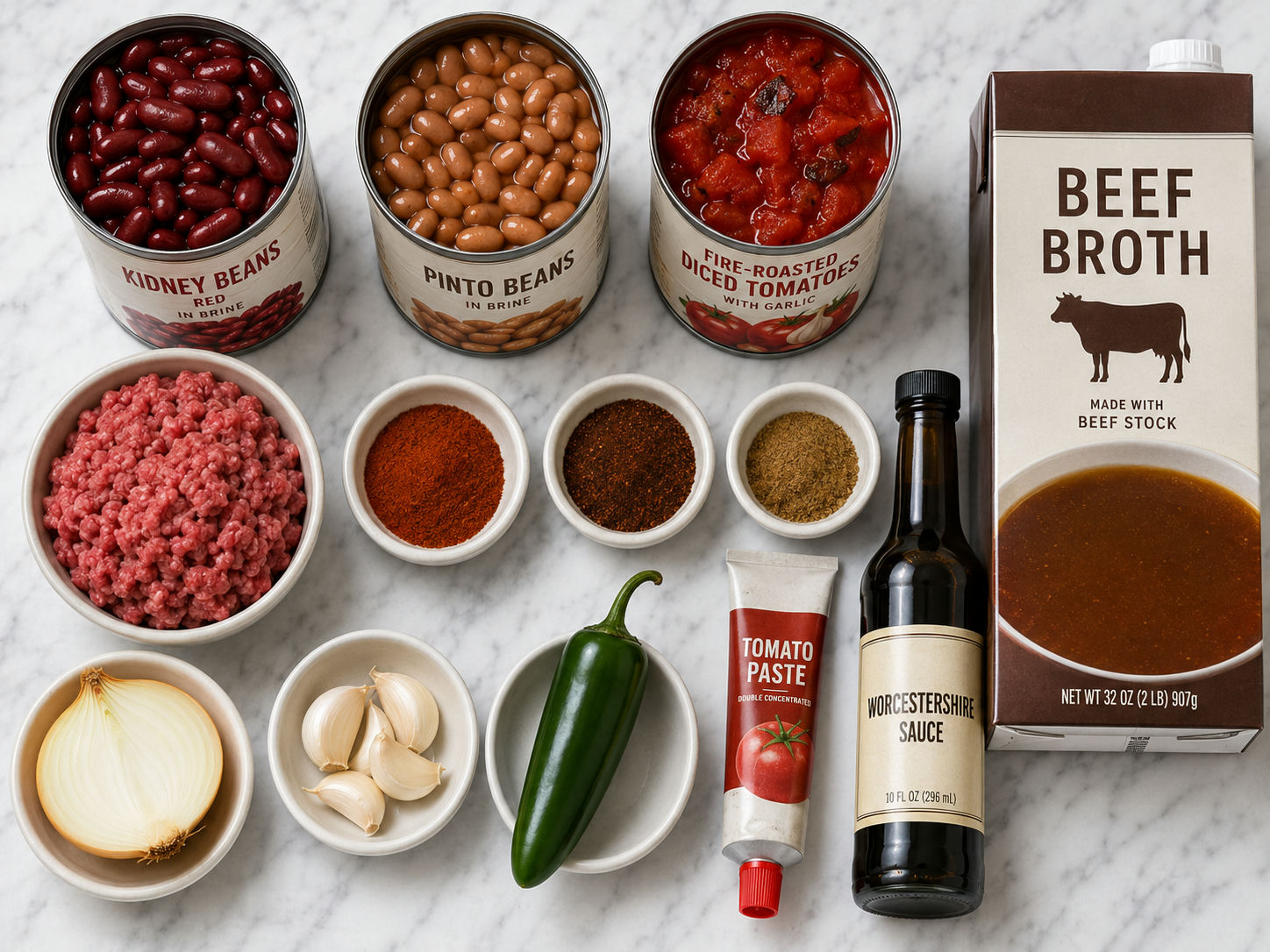 Raw ingredients for cowboy beef and bean soup arranged on a wooden surface