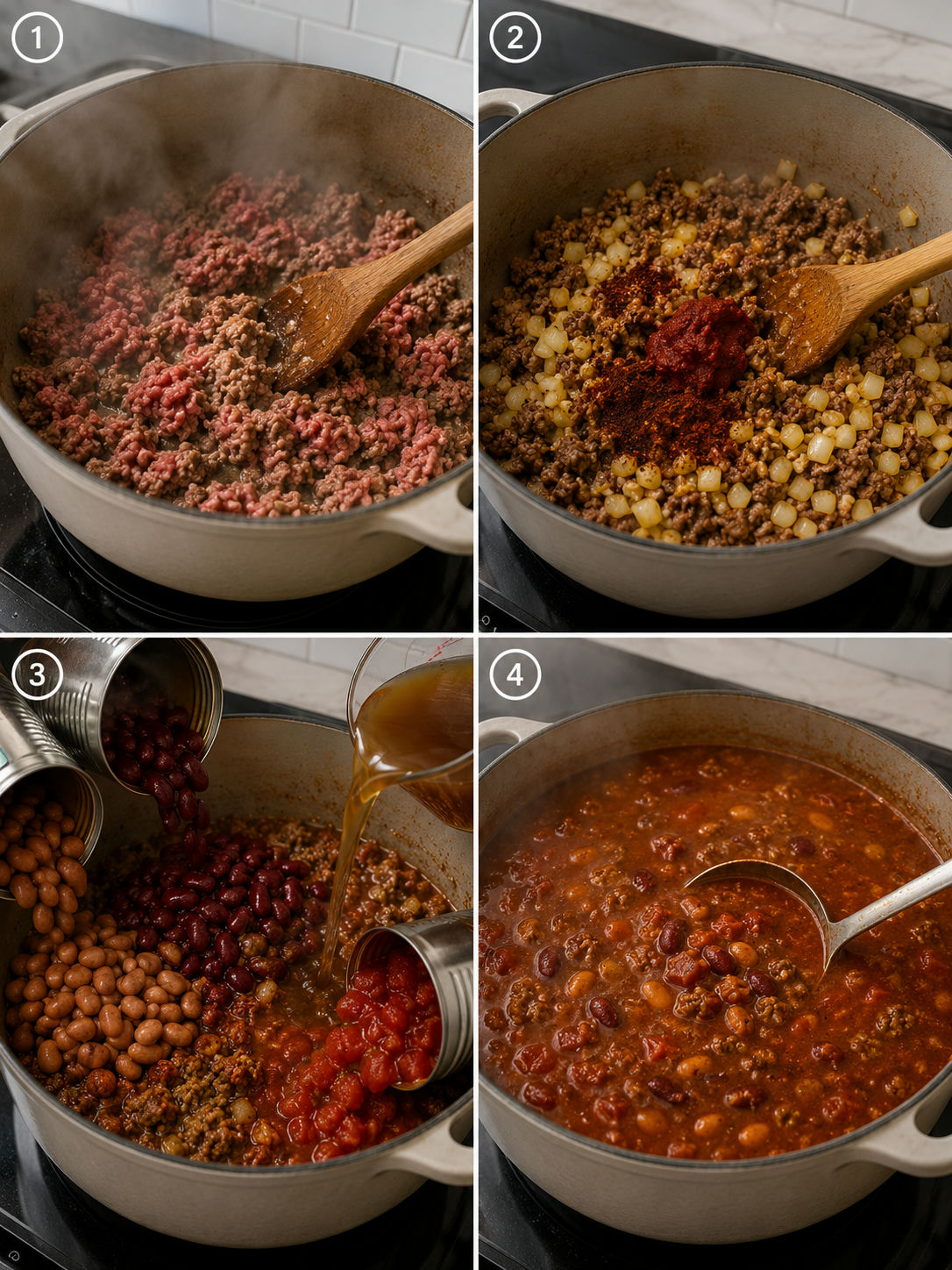 Four-step cooking process for cowboy beef and bean soup from browning to simmering