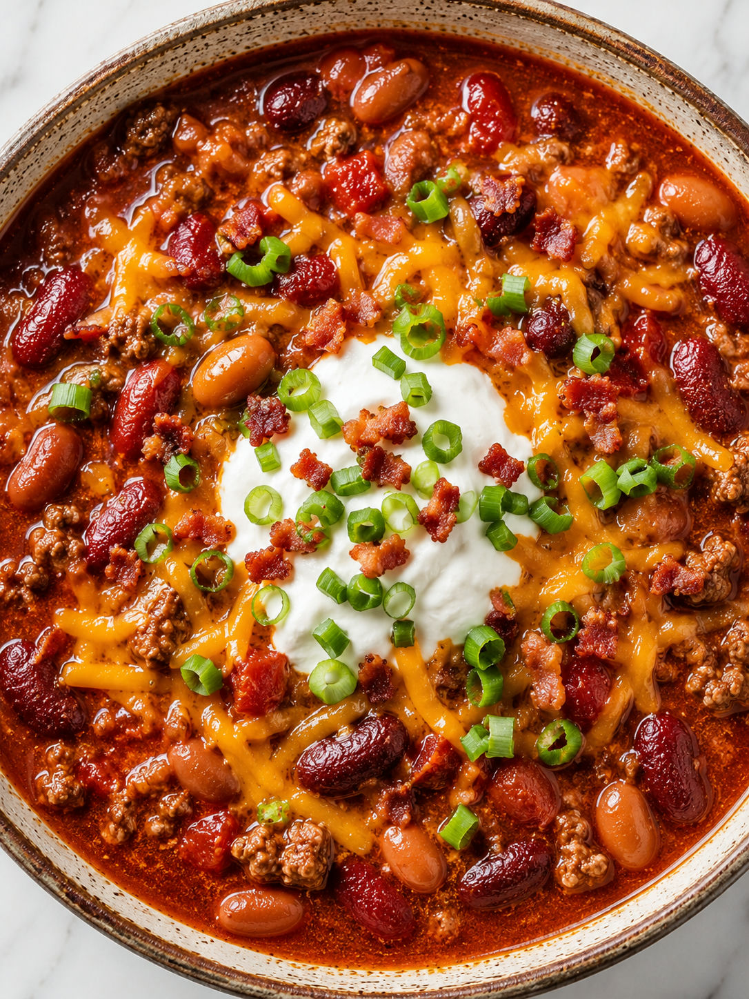 Top-down bowl of cowboy beef and bean soup with cheddar, sour cream, and bacon